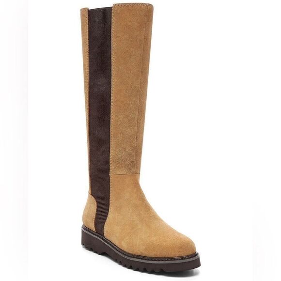 Donald Pliner Codie Carmel Tan Suede Brown Stretch Zip Tall Knee High Boots 8.5 - Picture 1 of 12